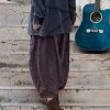 Women Wide Leg Elastic Waist Cotton Linen Distressed Patchwork Pumpkin Style Wide Leg 3/4 Length Cropped Pants