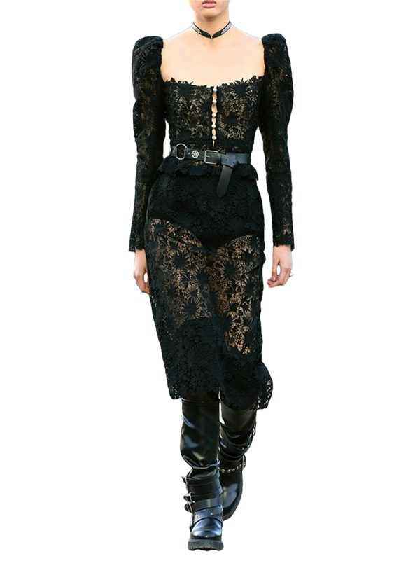 Women's Lace Top Set - Square Neck Long Sleeve & Skirt Casual 2-Piece