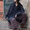 Women Wide Leg Elastic Waist Cotton Linen Distressed Patchwork Pumpkin Style Wide Leg 3/4 Length Cropped Pants